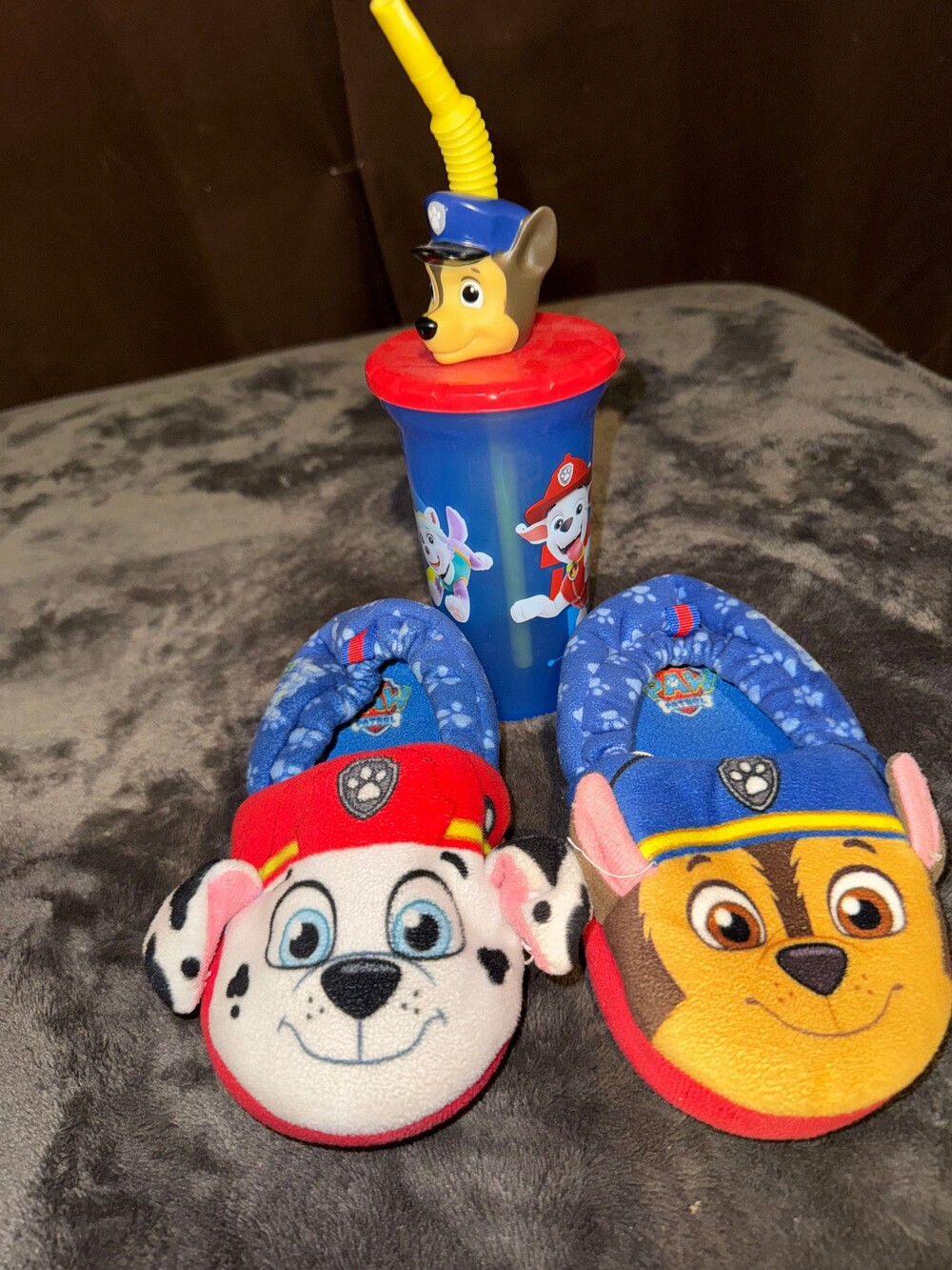 Paw Patrol Toddler Slippers Plush & Blue Plastic Cup with Red Lid and Yellow Str